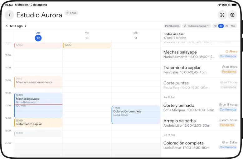 Tres días en iPad, con la rejilla horaria a la izquierda y las citas por venir a la derecha