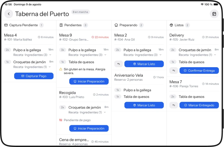 El pase en iPad con cuatro columnas: captura pendiente, pendientes, preparando y listos