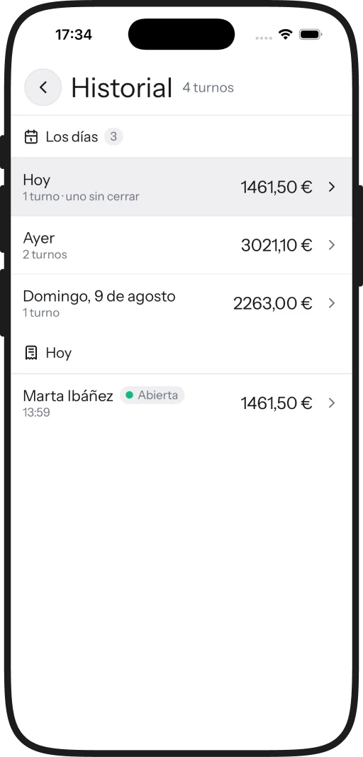 Historial en iPhone, con lo vendido cada día y los turnos de cada uno
