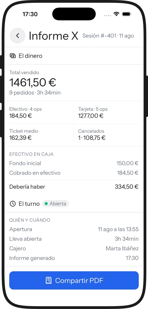 Informe X en iPhone, con lo vendido y el efectivo que debería haber