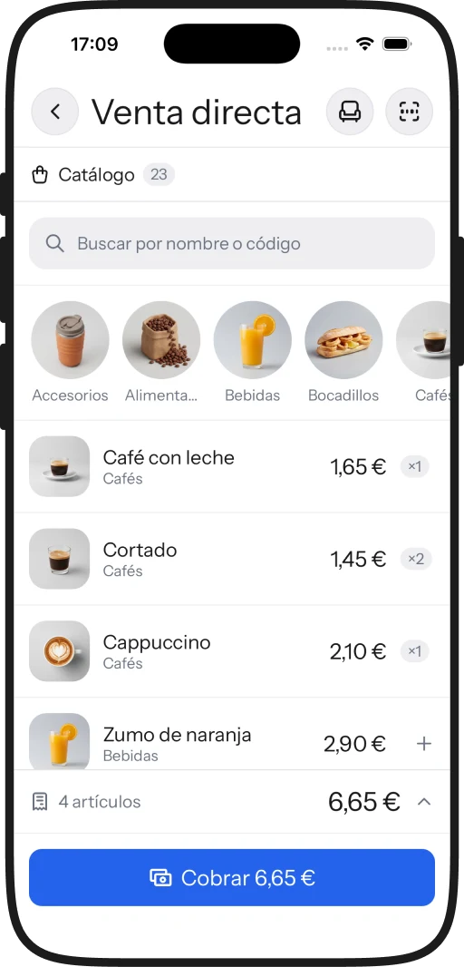 Catálogo del negocio en iPhone, con el ticket de la venta debajo